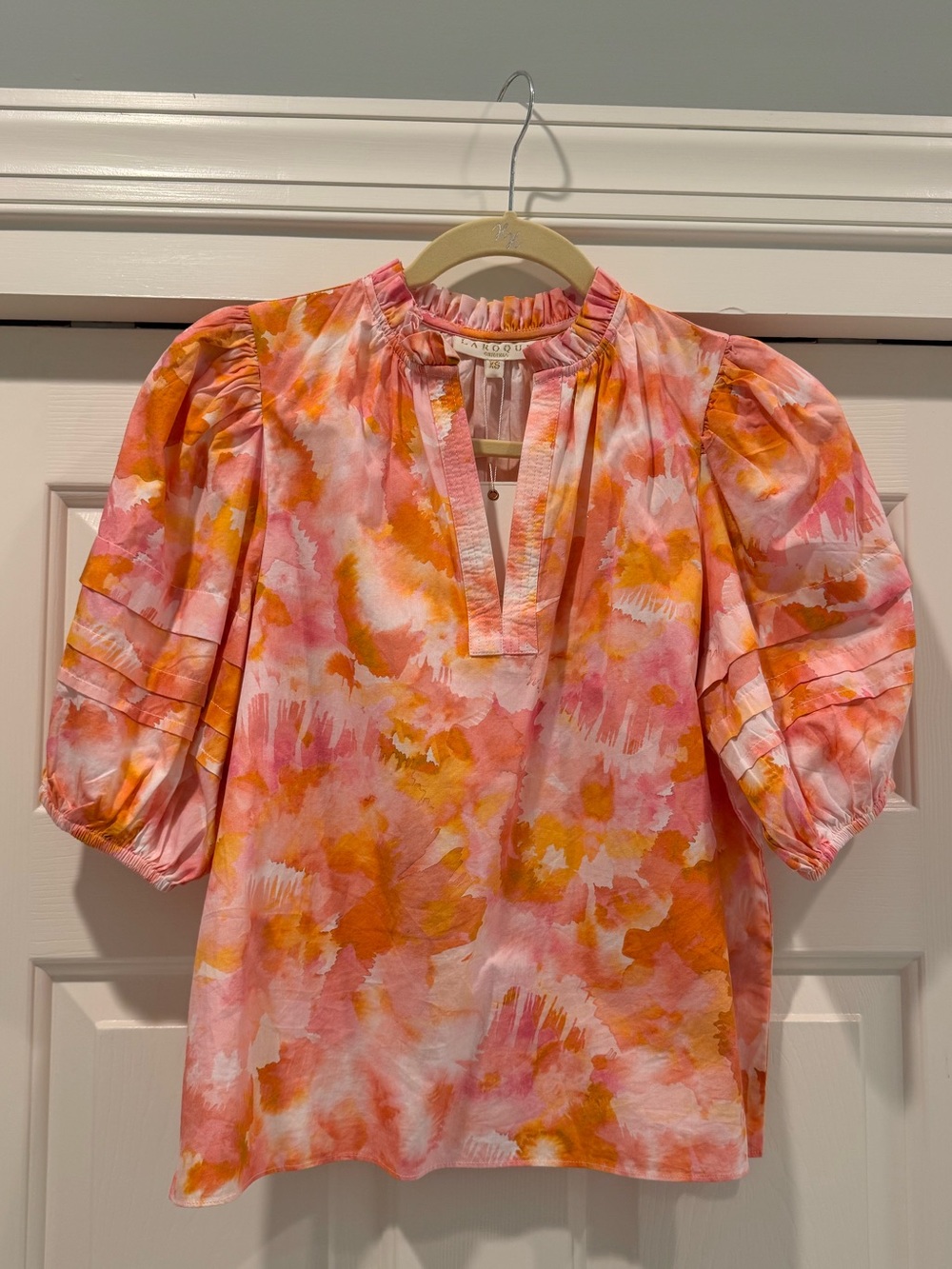 LAROQUE Pink and Orange Puff-Sleeve Watercolor Blouse